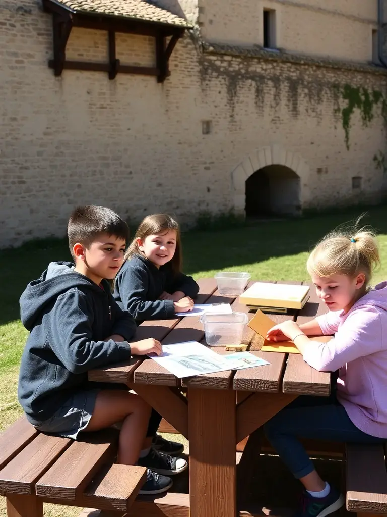 A photograph of children participating in an educational workshop at Château de Couëllan, learning about local history and heritage through interactive activities.