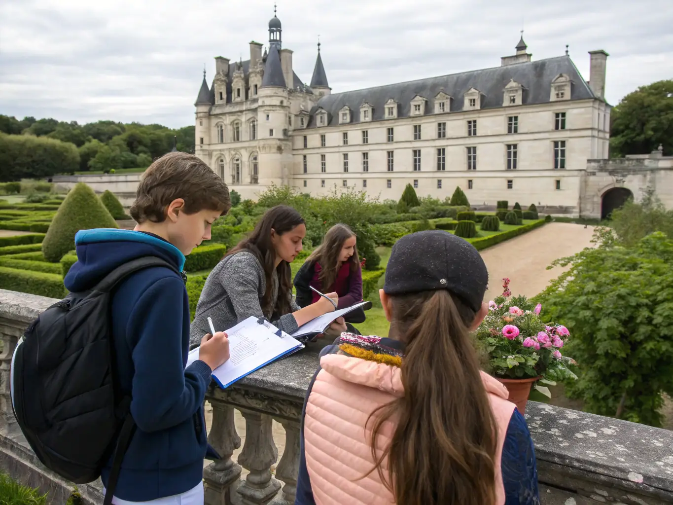 A photograph capturing a guided tour group inside the Château de Couëllan, listening attentively to a historian explaining the significance of a historical artifact.