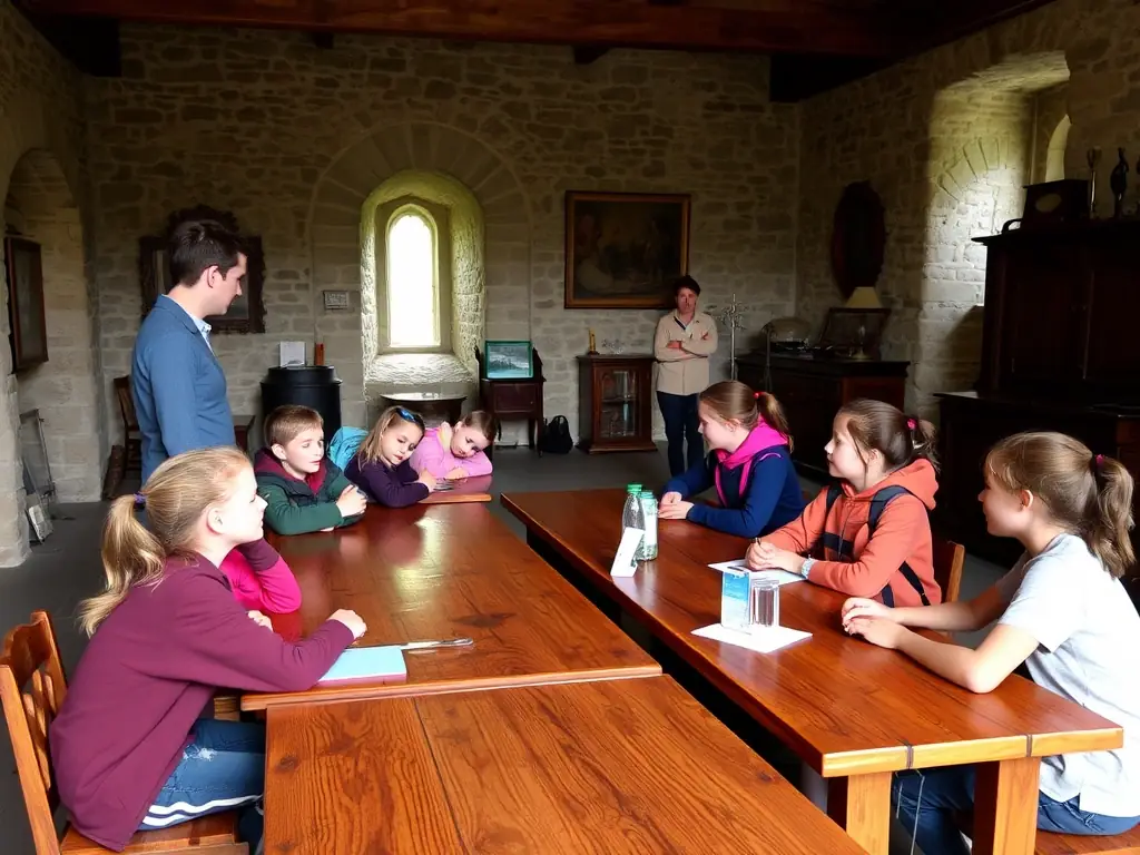A vibrant image of children participating in an educational workshop at the Château, learning about medieval architecture and construction techniques.