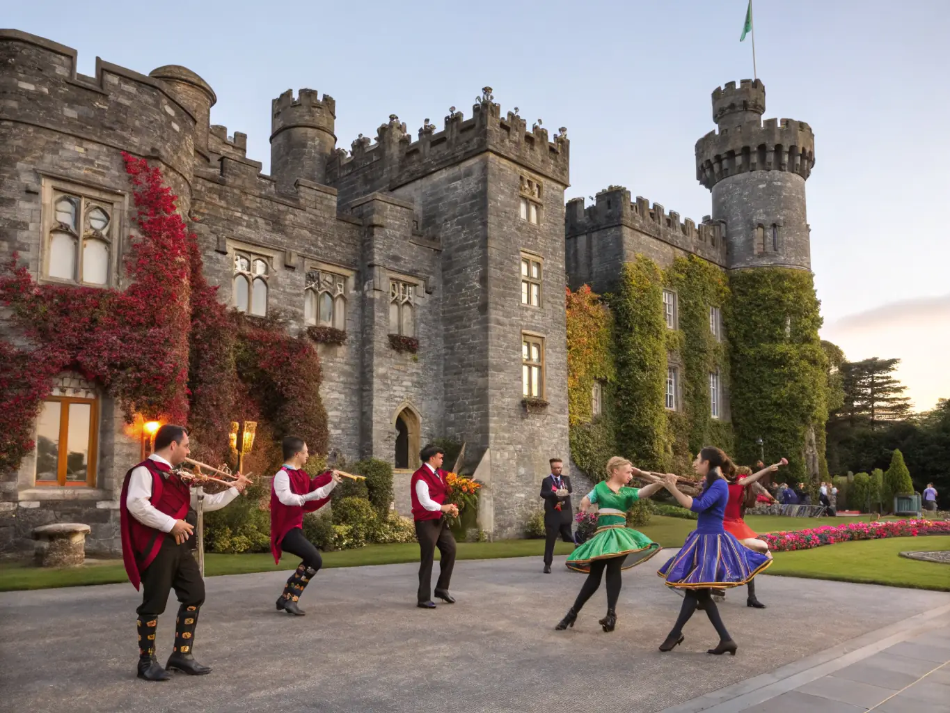 A photograph showcasing a cultural event at the Château, featuring traditional music, dance, and local cuisine, with attendees enjoying the festivities.