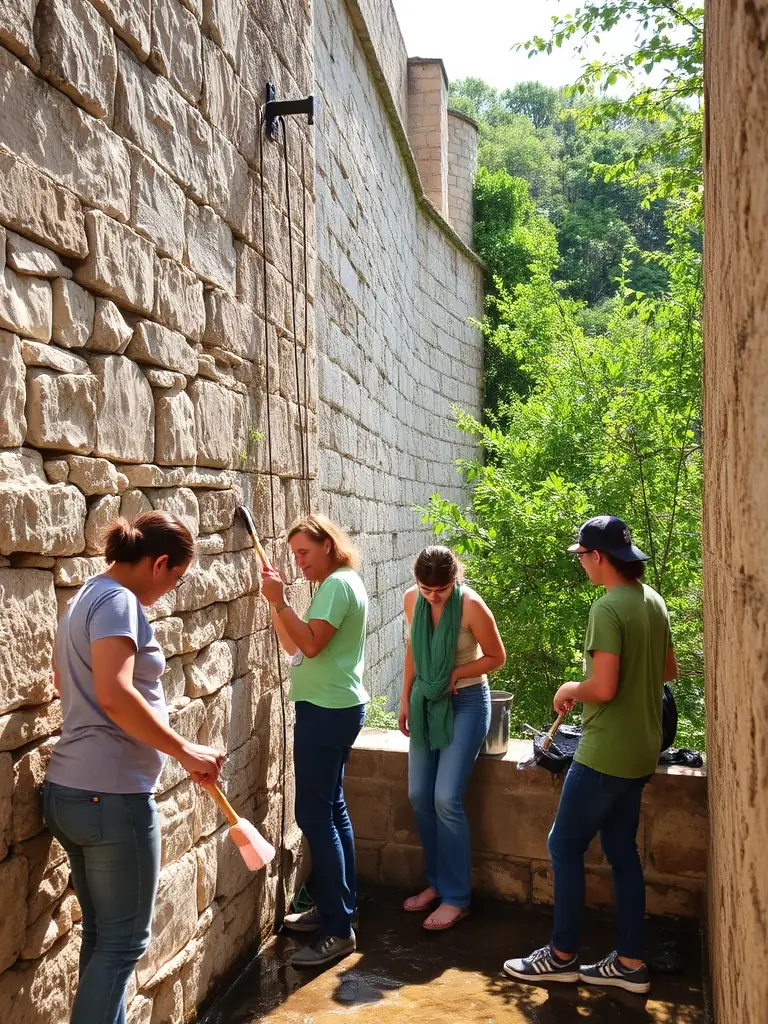 A photograph of volunteers working on a restoration project at Château de Couëllan, showcasing the heritage preservation efforts of ASCE COUELLAN.