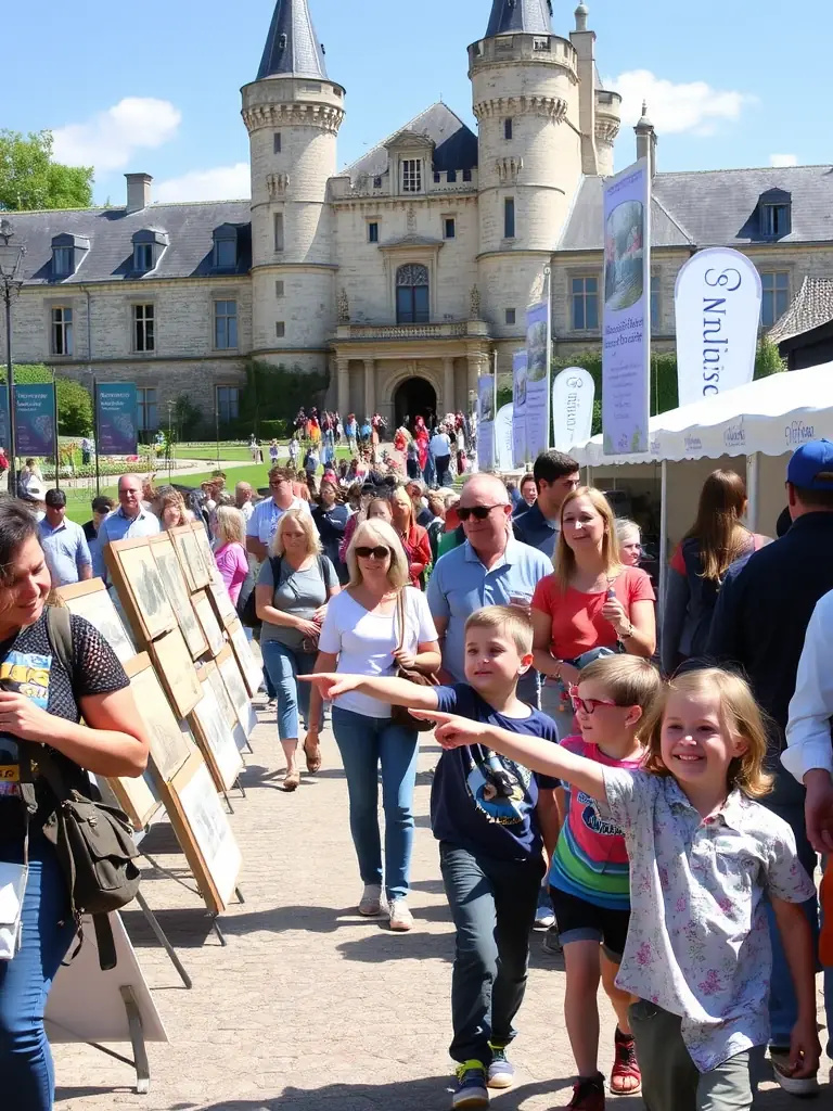 A photograph of participants engaging in a historical reenactment at Château de Couëllan, dressed in period costumes, showcasing the cultural events organized by ASCE COUELLAN.